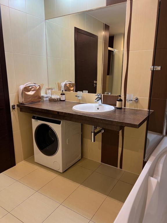 Kúpeľňa apartmánu Havasi View s umývadlom a práčkou